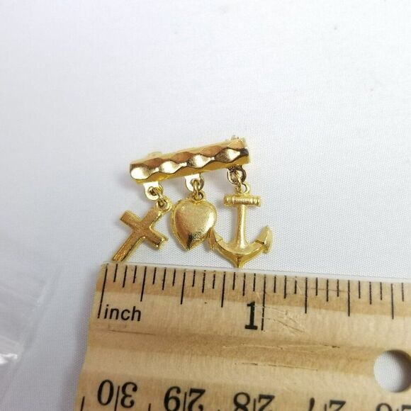 Vintage Anchor Heart Cross Charm Brooch, Gold Tone, Faith Hope Love, Religious - Picture 5 of 8